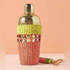 Anthropologie Tamra Cocktail Shaker Raffia Gold StrainerJigger Bar accessory